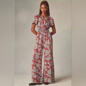 Anthropologie Somerset Linen Floral Terracotts Wide-Leg Jumpsuit